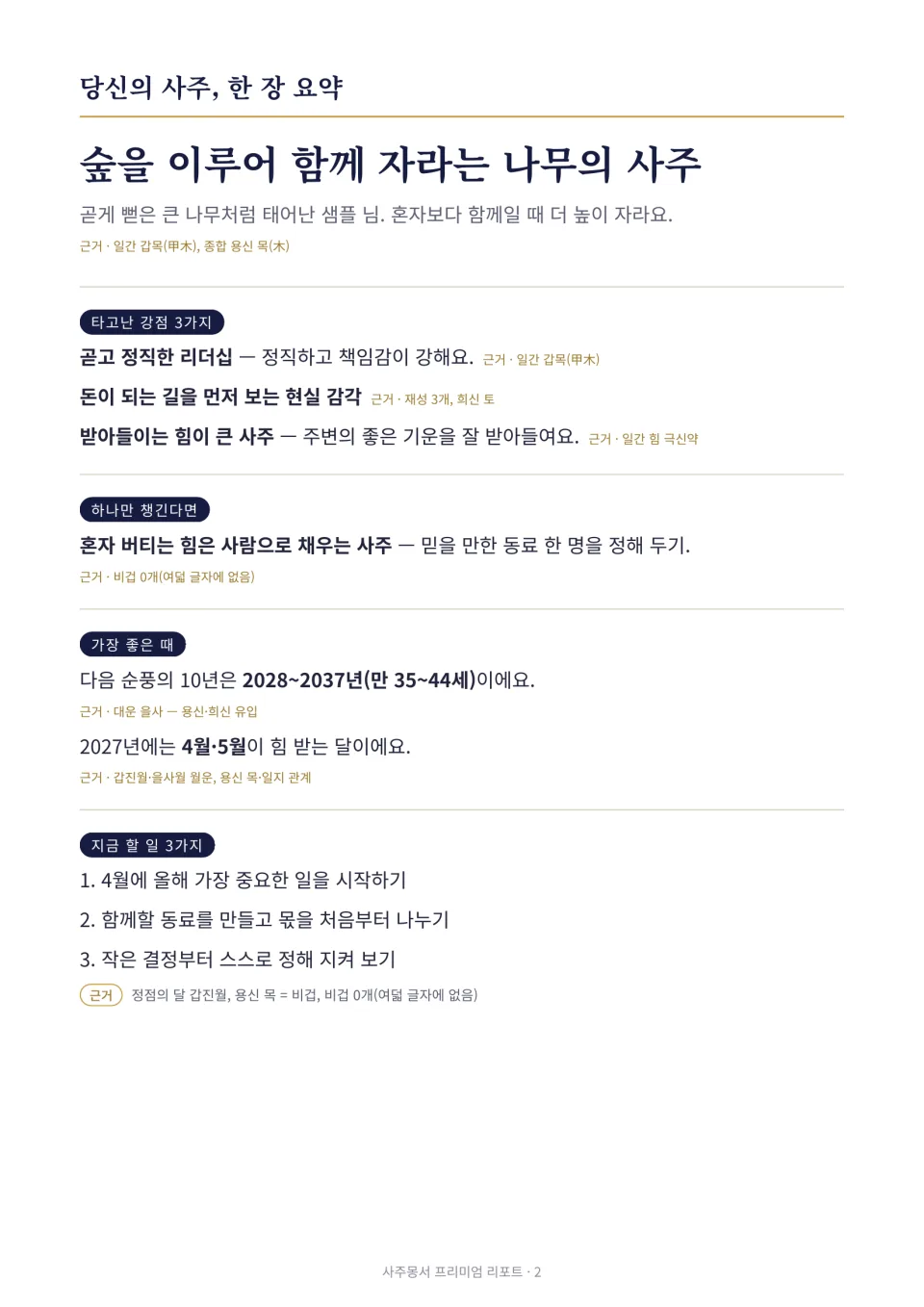 샘플 리포트의 ‘당신의 사주, 한 장 요약’ 쪽: 비유 제목, 타고난 강점 3가지, 하나만 챙긴다면, 가장 좋은 때, 지금 할 일 3가지